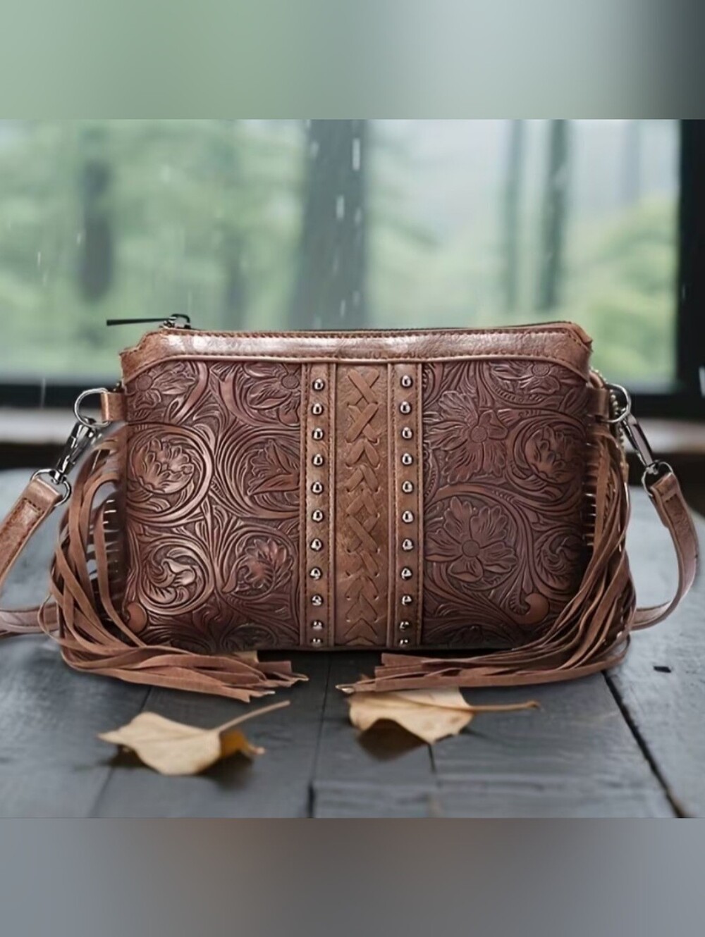 NEW! Hand-Tooled Western Crossbody Bag with Fringe - Picture 6 of 6